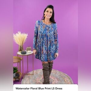 Abstract Watercolor Floral L/S Babydoll dress